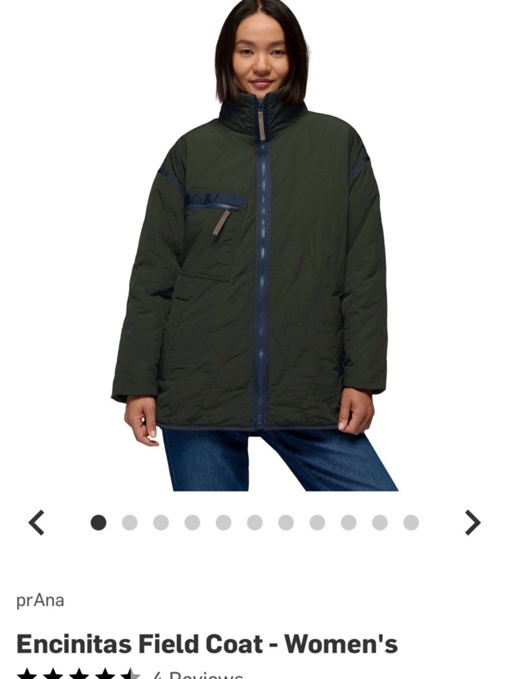 prAna Women's Olive Green Puffer Coat with Navy Trim